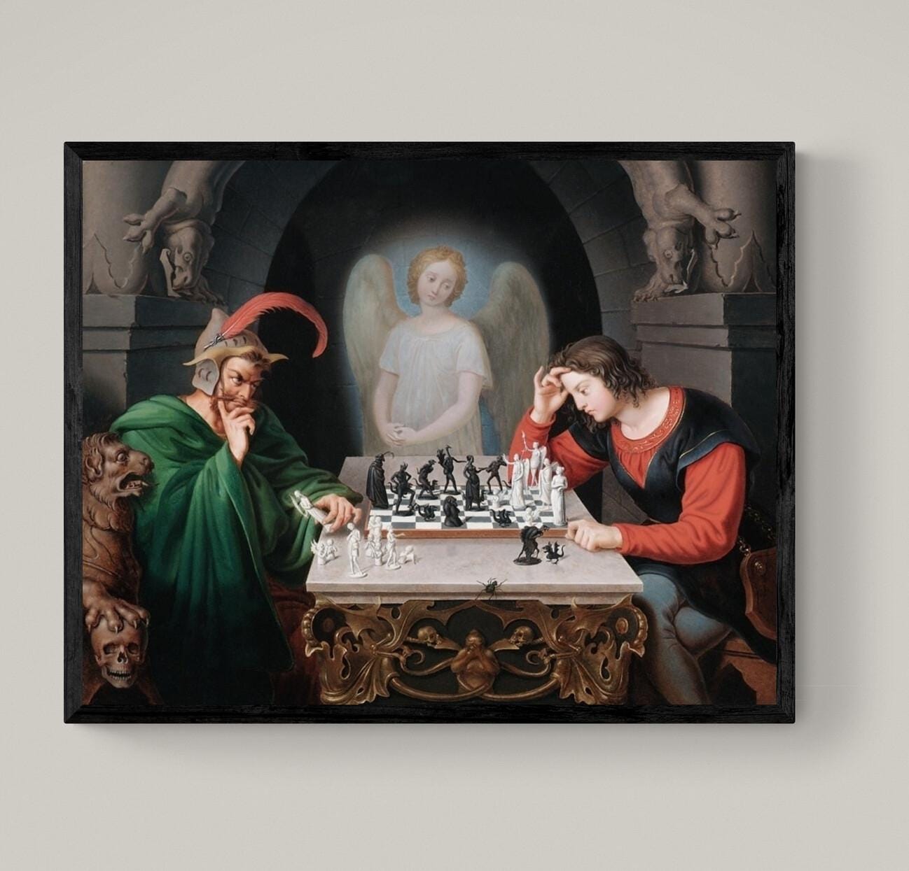 Checkmate painting by Moritz Retzsch (1831), Canvas Print: 3D Hand Finished Art FOSHE ART
