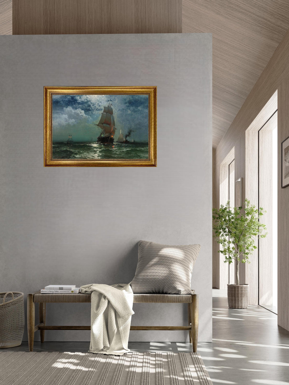 Ship at Night by Edward Moran, Canvas Print, Vintage Golden Frame and Brush strokes FOSHE ART