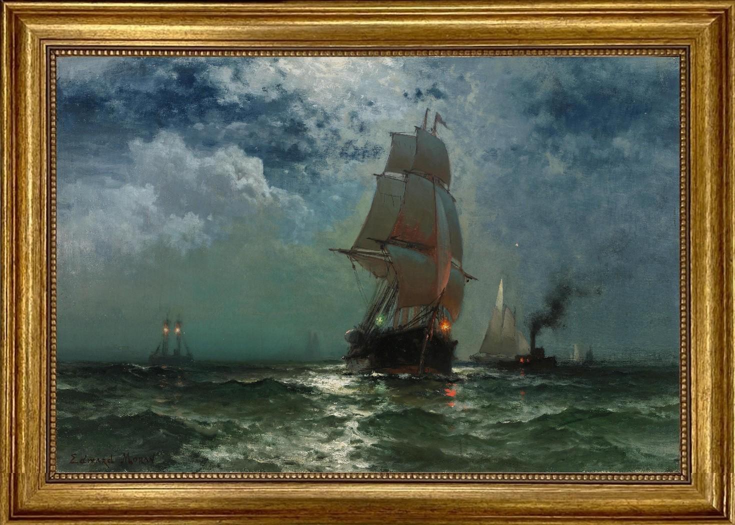 Ship at Night by Edward Moran, Canvas Print, Vintage Golden Frame and Brush strokes FOSHE ART