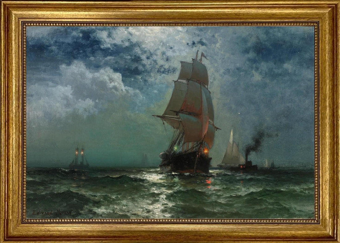 Ship at Night by Edward Moran, Canvas Print, Vintage Golden Frame and Brush strokes FOSHE ART