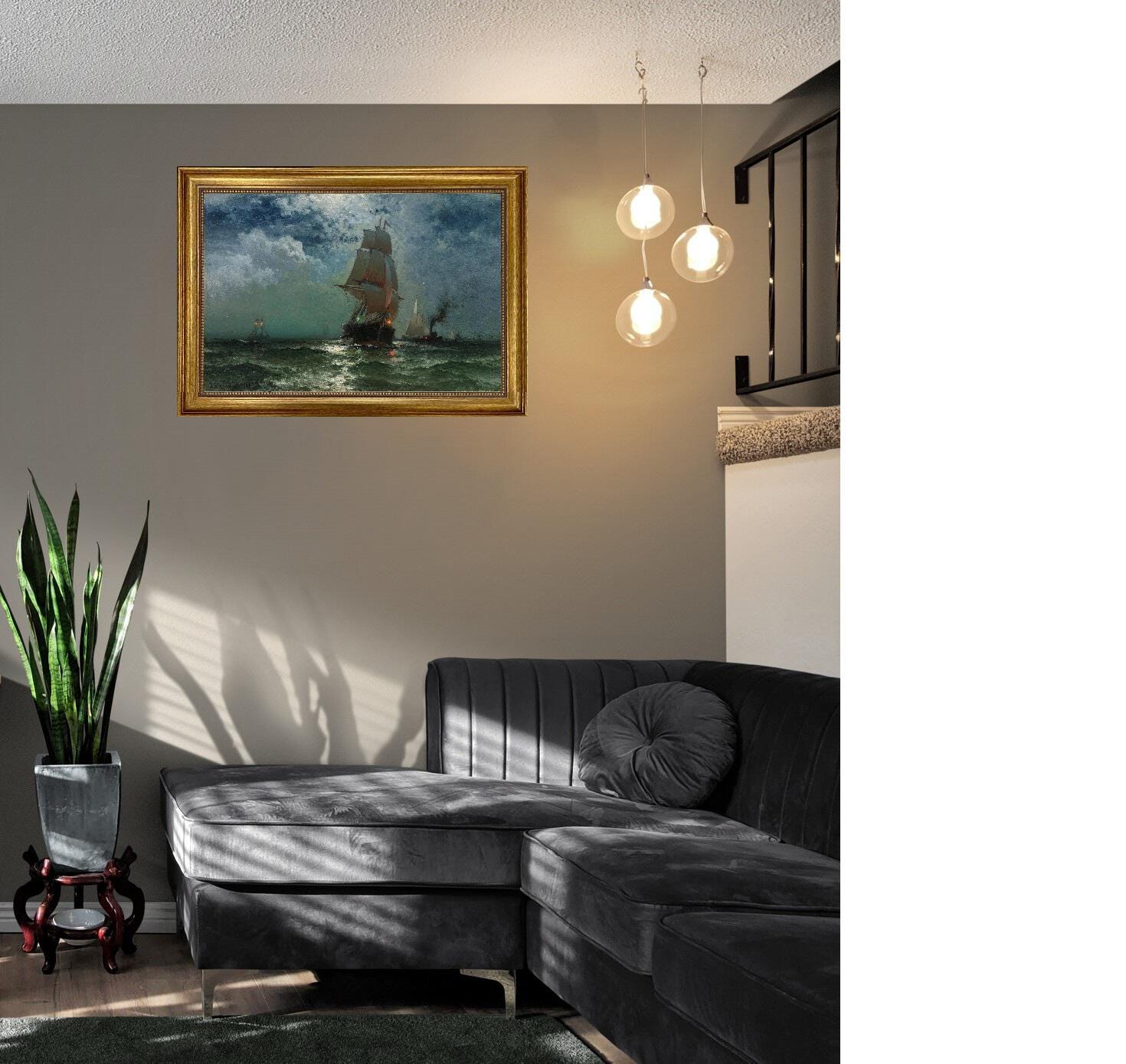Ship at Night by Edward Moran, Canvas Print, Vintage Golden Frame and Brush strokes FOSHE ART