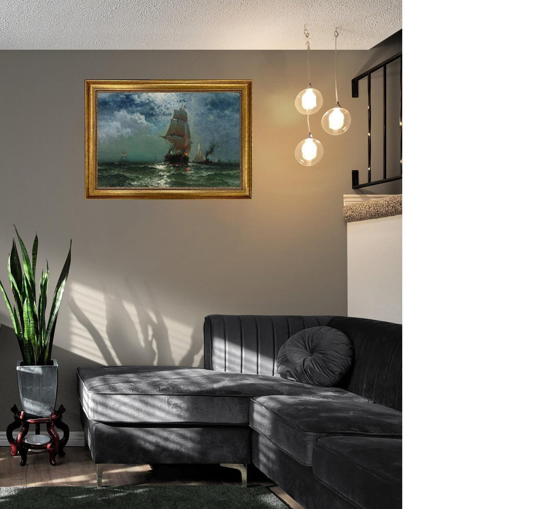 Ship at Night by Edward Moran, Canvas Print, Vintage Golden Frame and Brush strokes FOSHE ART