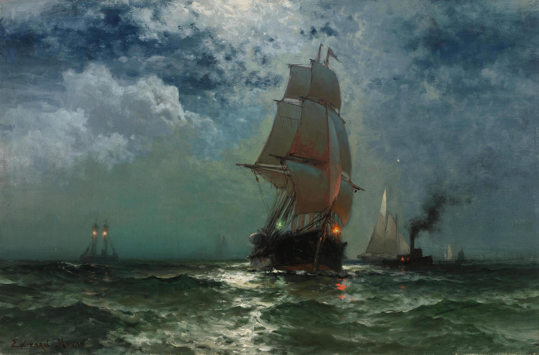 Ship at Night by Edward Moran, Canvas Print, Vintage Golden Frame and Brush strokes FOSHE ART