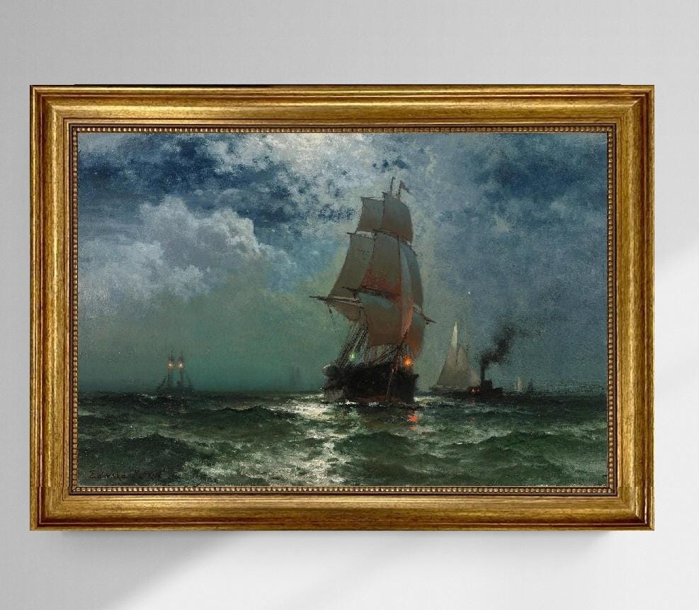 Ship at Night by Edward Moran, Canvas Print, Vintage Golden Frame and Brush strokes FOSHE ART
