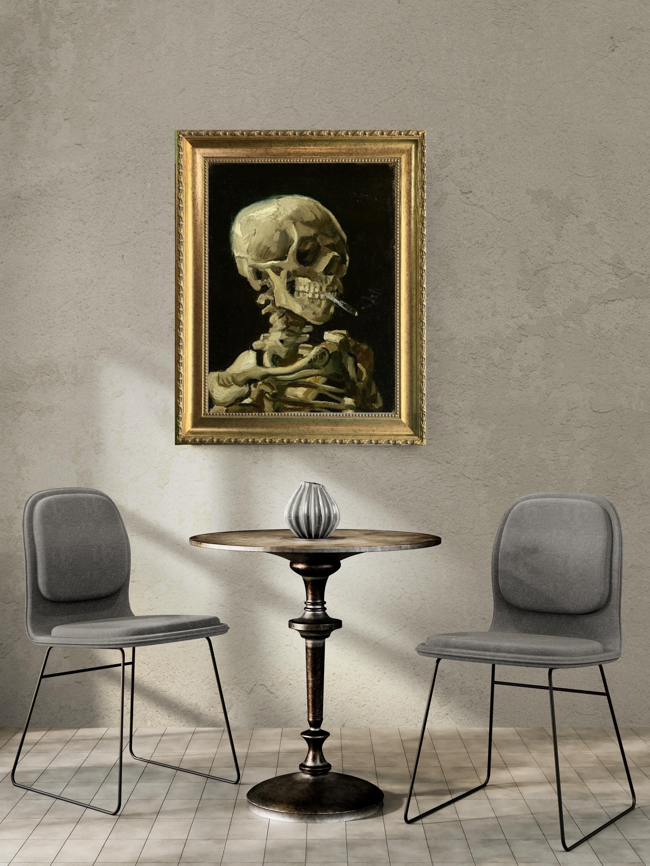 Framed Van Gogh Skeleton with Burning Cigarette, Giclée 3D Print on canvas with texture and brush strokes FOSHE ART