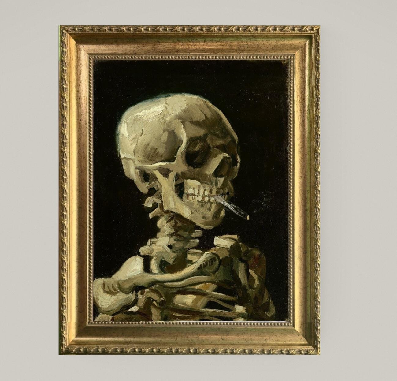 Framed Van Gogh Skeleton with Burning Cigarette, Giclée 3D Print on canvas with texture and brush strokes FOSHE ART