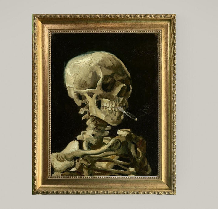 Framed Van Gogh Skeleton with Burning Cigarette, Giclée 3D Print on canvas with texture and brush strokes FOSHE ART
