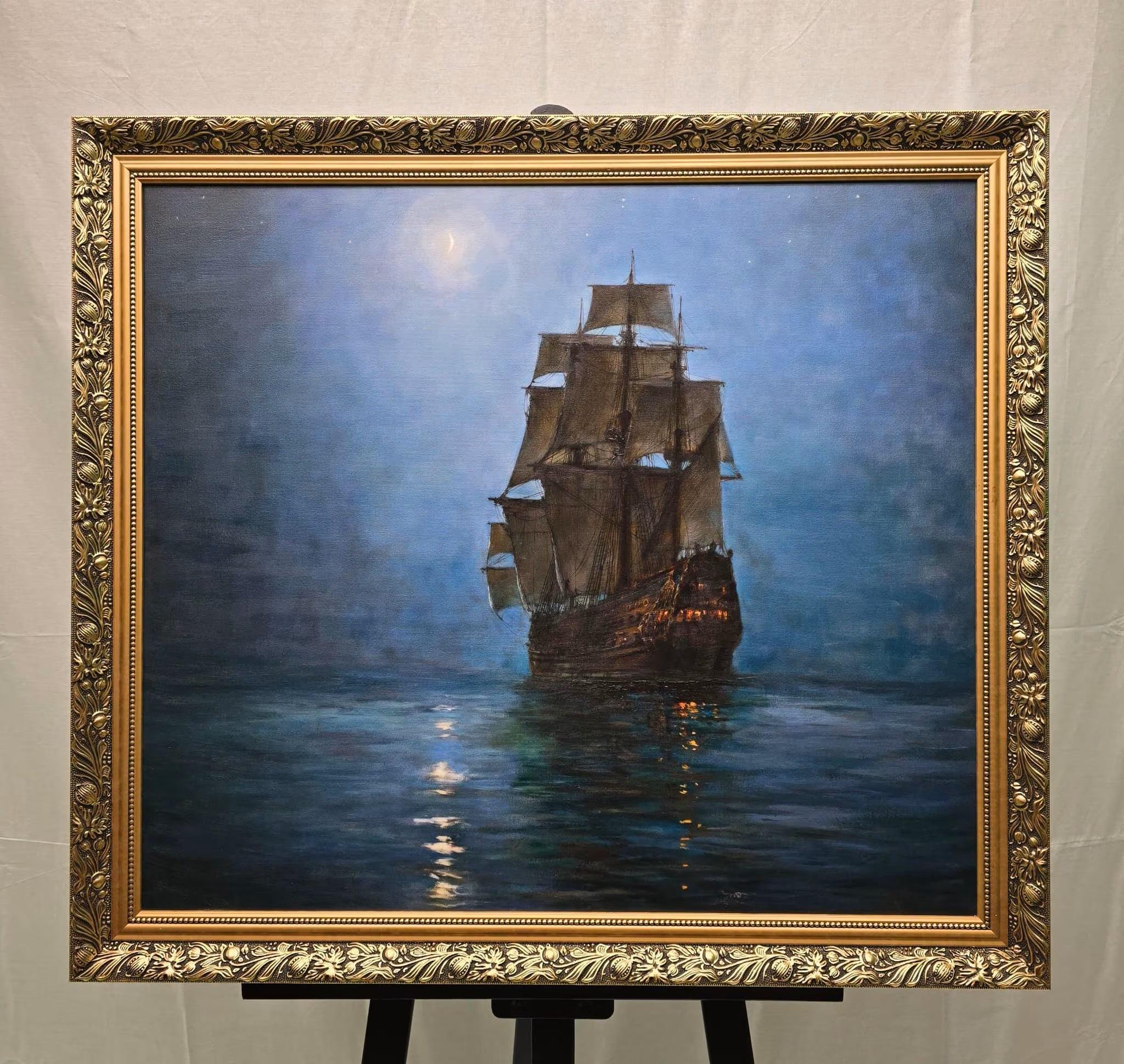 Montague Dawson "Crescent Moon", 3D Hand-Finished Canvas Print, Vintage Golden Frame FOSHE ART