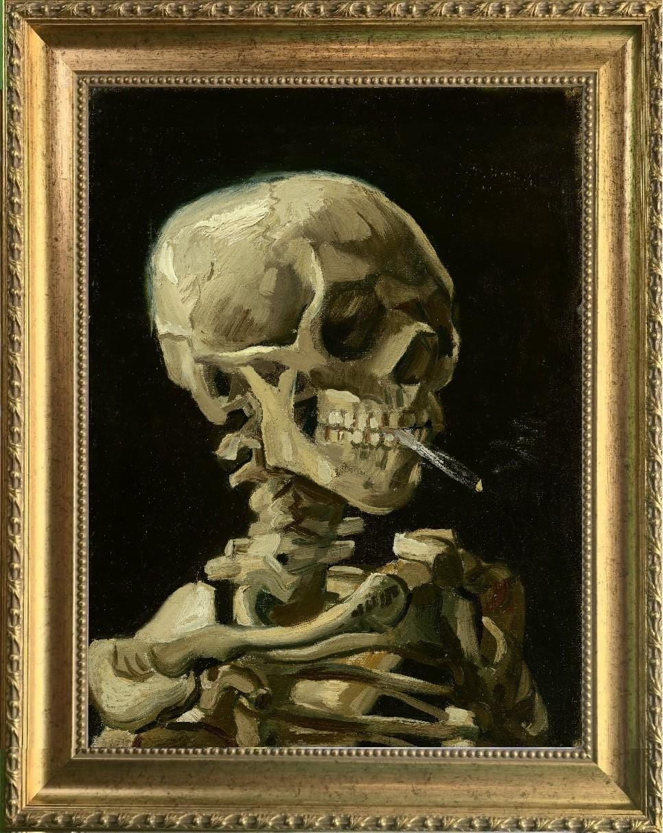 Framed Van Gogh Skeleton with Burning Cigarette, Giclée 3D Print on canvas with texture and brush strokes FOSHE ART
