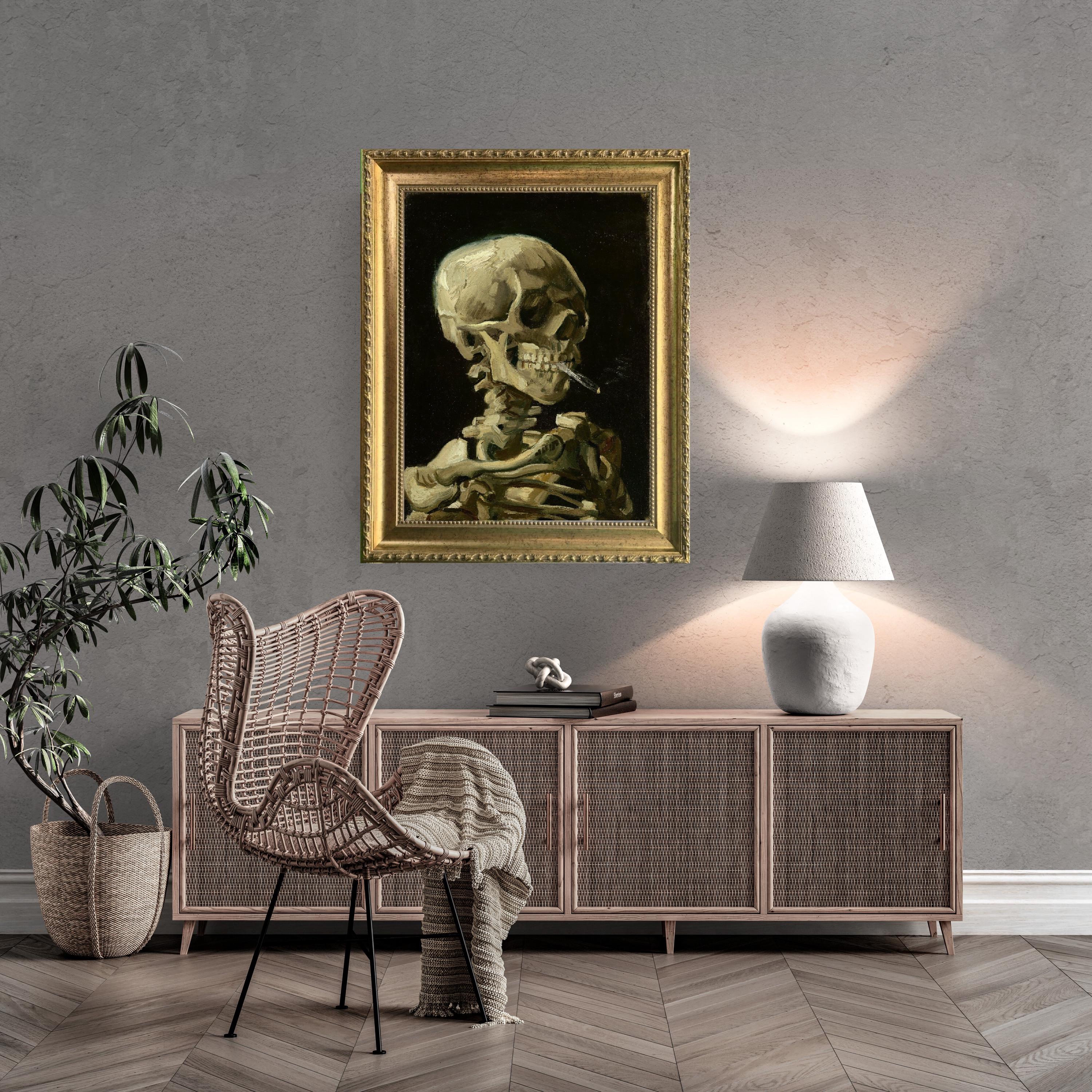 Framed Van Gogh Skeleton with Burning Cigarette, Giclée 3D Print on canvas with texture and brush strokes FOSHE ART