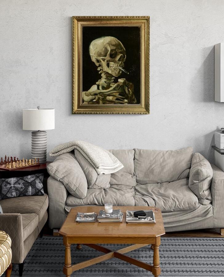 Framed Van Gogh Skeleton with Burning Cigarette, Giclée 3D Print on canvas with texture and brush strokes FOSHE ART