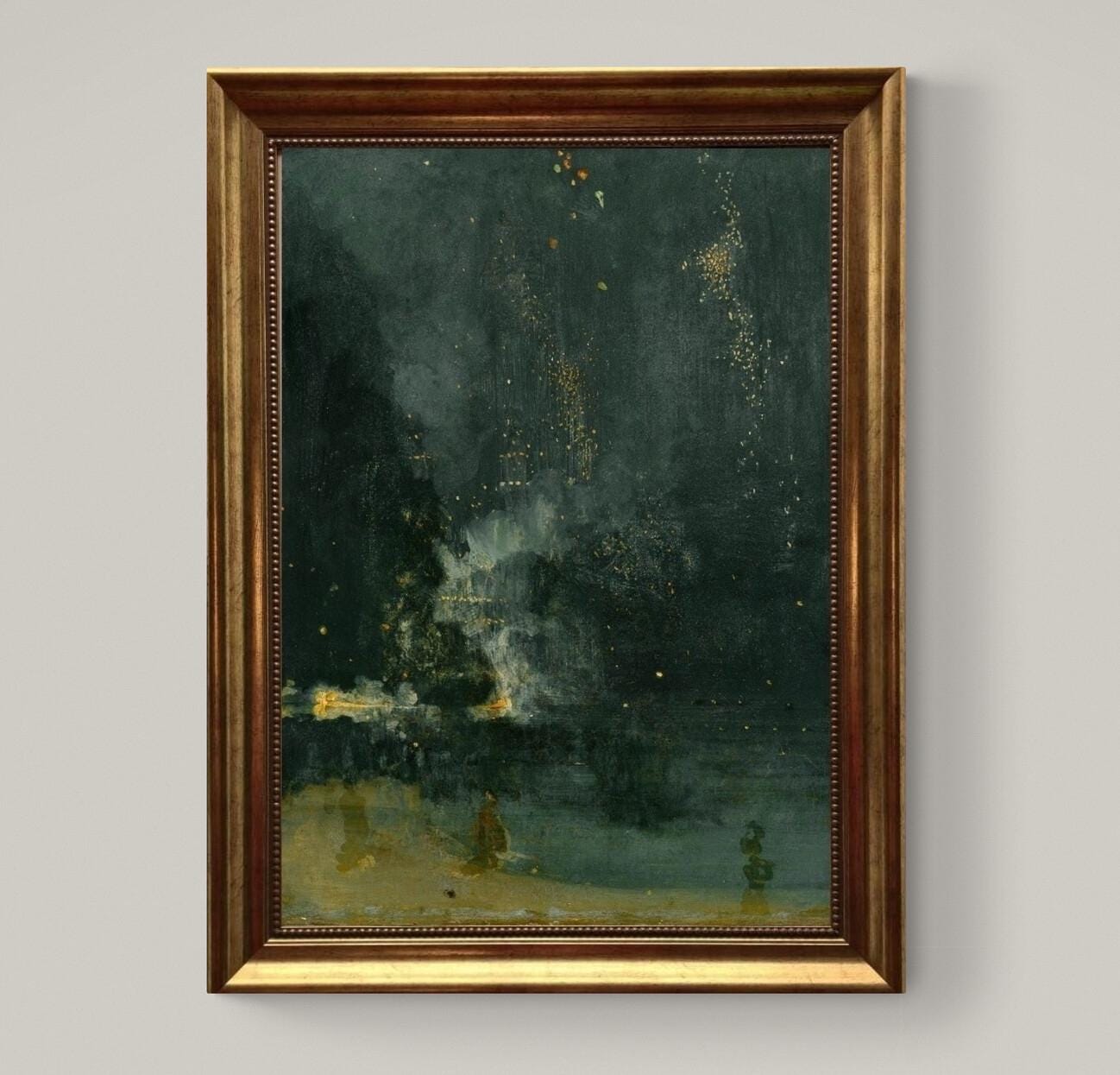 Whistler Nocturne Art Print, Falling Rocket, Gold Frame Canvas and brush strokes FOSHE ART