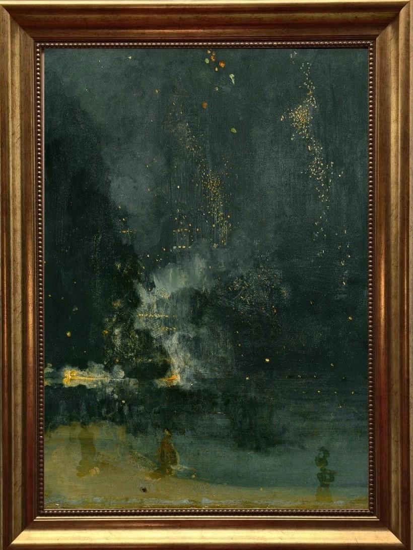 Whistler Nocturne Art Print, Falling Rocket, Gold Frame Canvas and brush strokes FOSHE ART