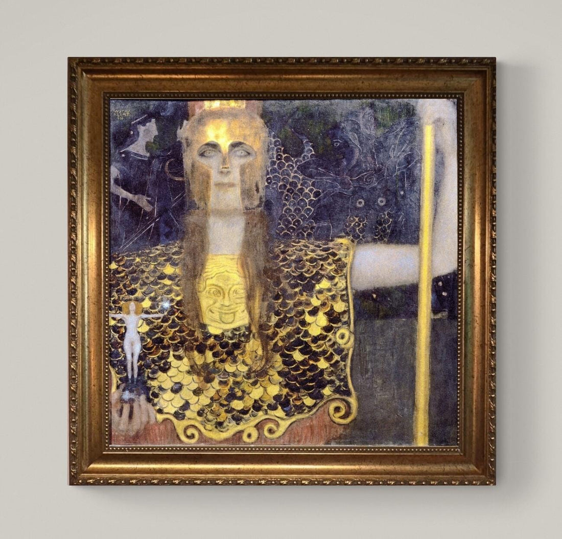 Gustav Klimt Pallas Athena Canvas Print: Hand-Textured, Golden Vintage Frame FOSHE ART