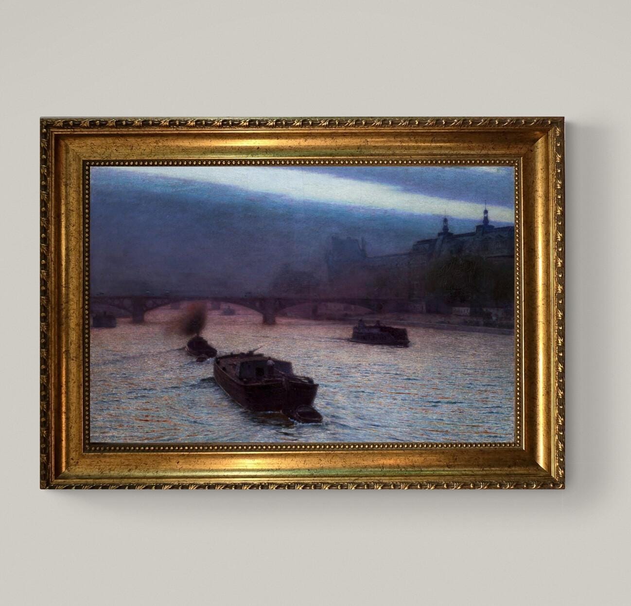 Evening on the Seine Canvas Art Print: Aleksander Gierymski- Gold Frame and Brush Strokes FOSHE ART
