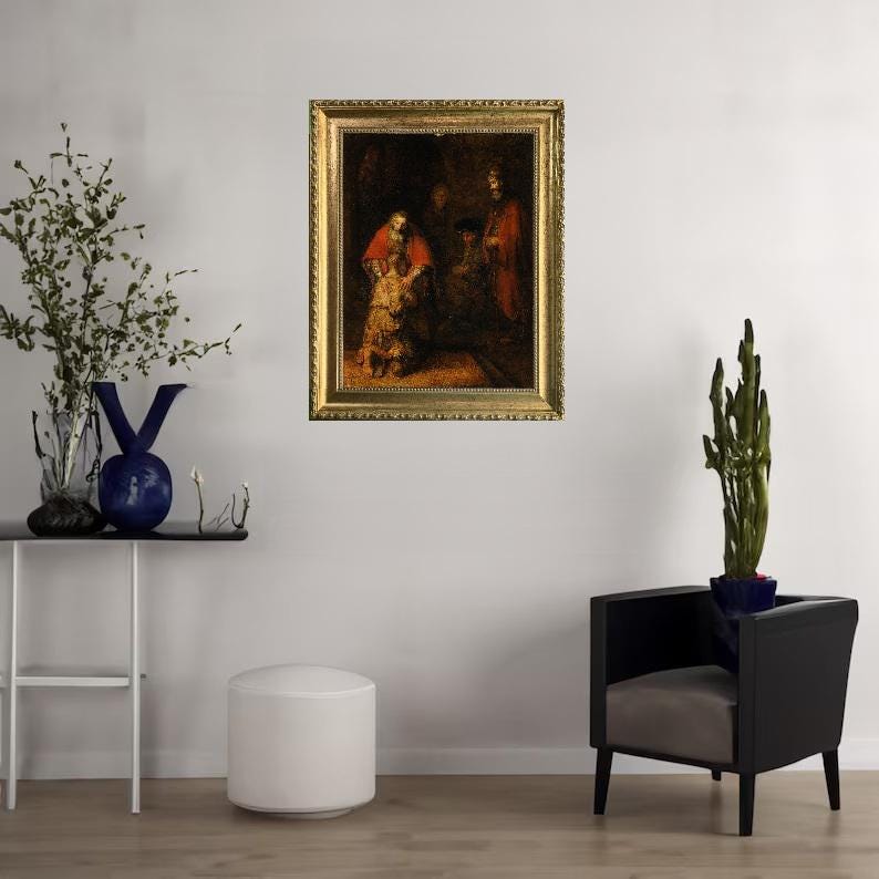Rembrandt's Return of the Prodigal Son Canvas Print – Gold Wooden Frame, Brush Strokes FOSHE ART