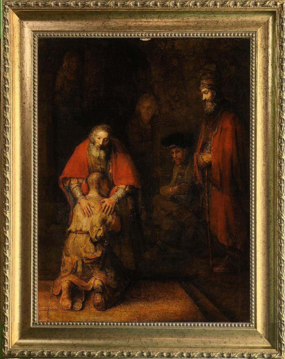 Rembrandt's Return of the Prodigal Son Canvas Print – Gold Wooden Frame, Brush Strokes FOSHE ART