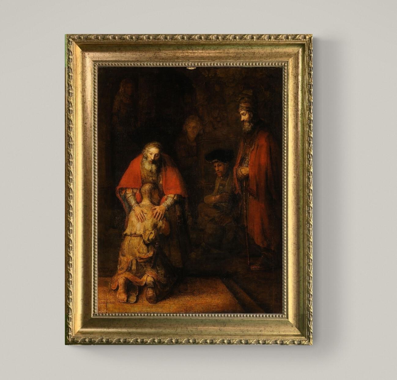 Rembrandt's Return of the Prodigal Son Canvas Print – Gold Wooden Frame, Brush Strokes FOSHE ART