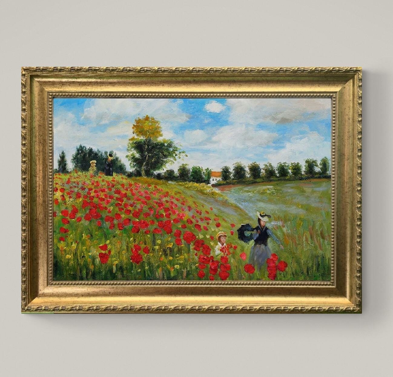 Monet Poppy Field Canvas Print: Vintage Gold Frame, Brush Stroke Texture FOSHE ART
