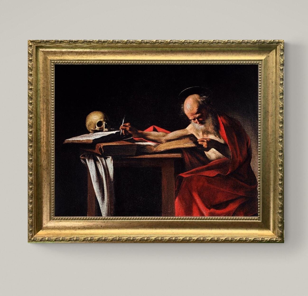 Caravaggio's Saint Jerome Writing: 3D Canvas Print, Hand-Finished brush strokes, Vintage Gold wooden Frame FOSHE ART