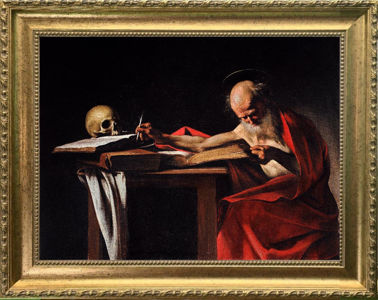 Caravaggio's Saint Jerome Writing: 3D Canvas Print, Hand-Finished brush strokes, Vintage Gold wooden Frame FOSHE ART