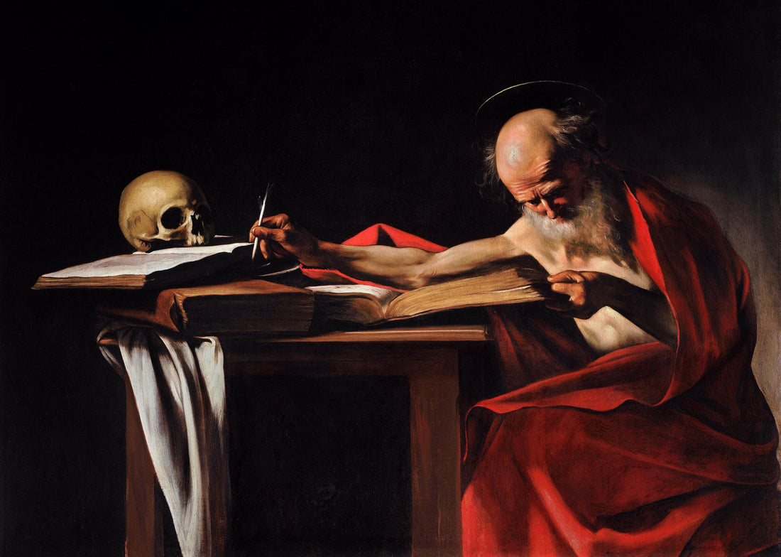 Caravaggio's Saint Jerome Writing: 3D Canvas Print, Hand-Finished brush strokes, Vintage Gold wooden Frame FOSHE ART