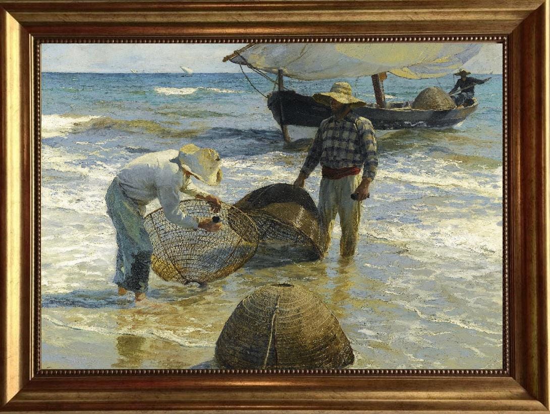 Valencian Fishermen, Joaquin Sorolla – Vintage Golden Frame and Brush Strokes FOSHE ART