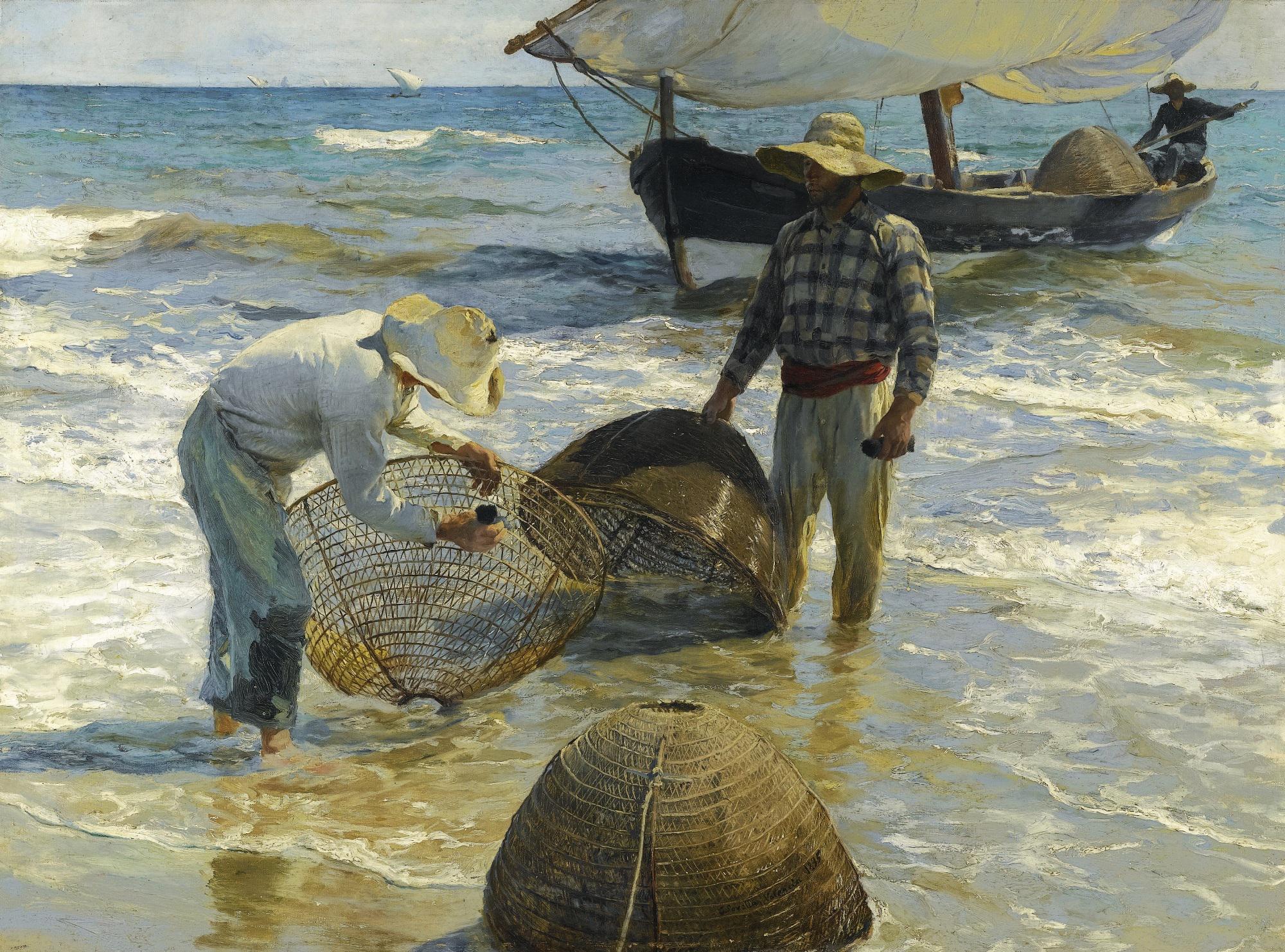 Valencian Fishermen, Joaquin Sorolla – Vintage Golden Frame and Brush Strokes FOSHE ART