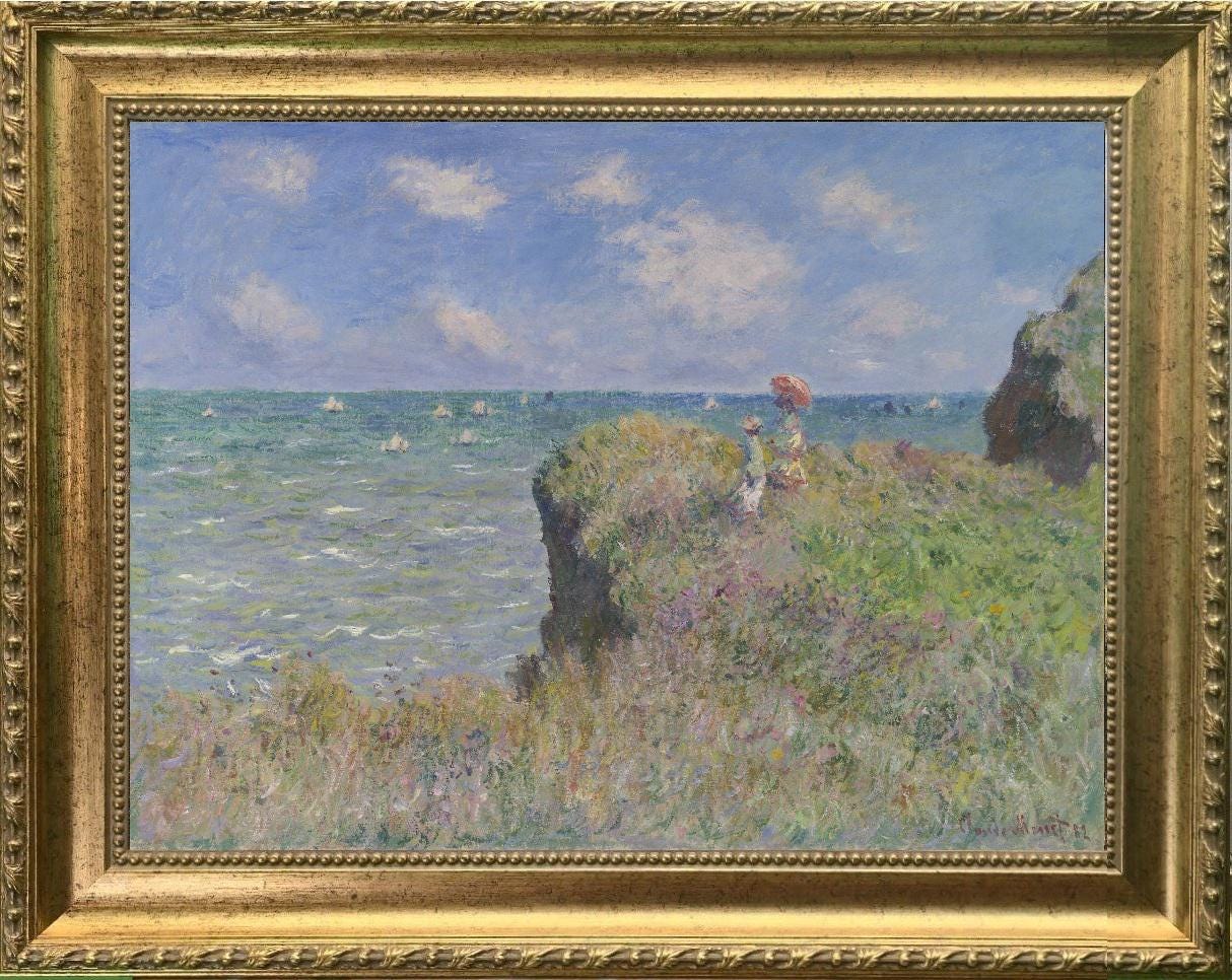 Monet Cliff Walk at Pourville, Canvas Print: Brush Strokes, Golden Vintage Frame FOSHE ART