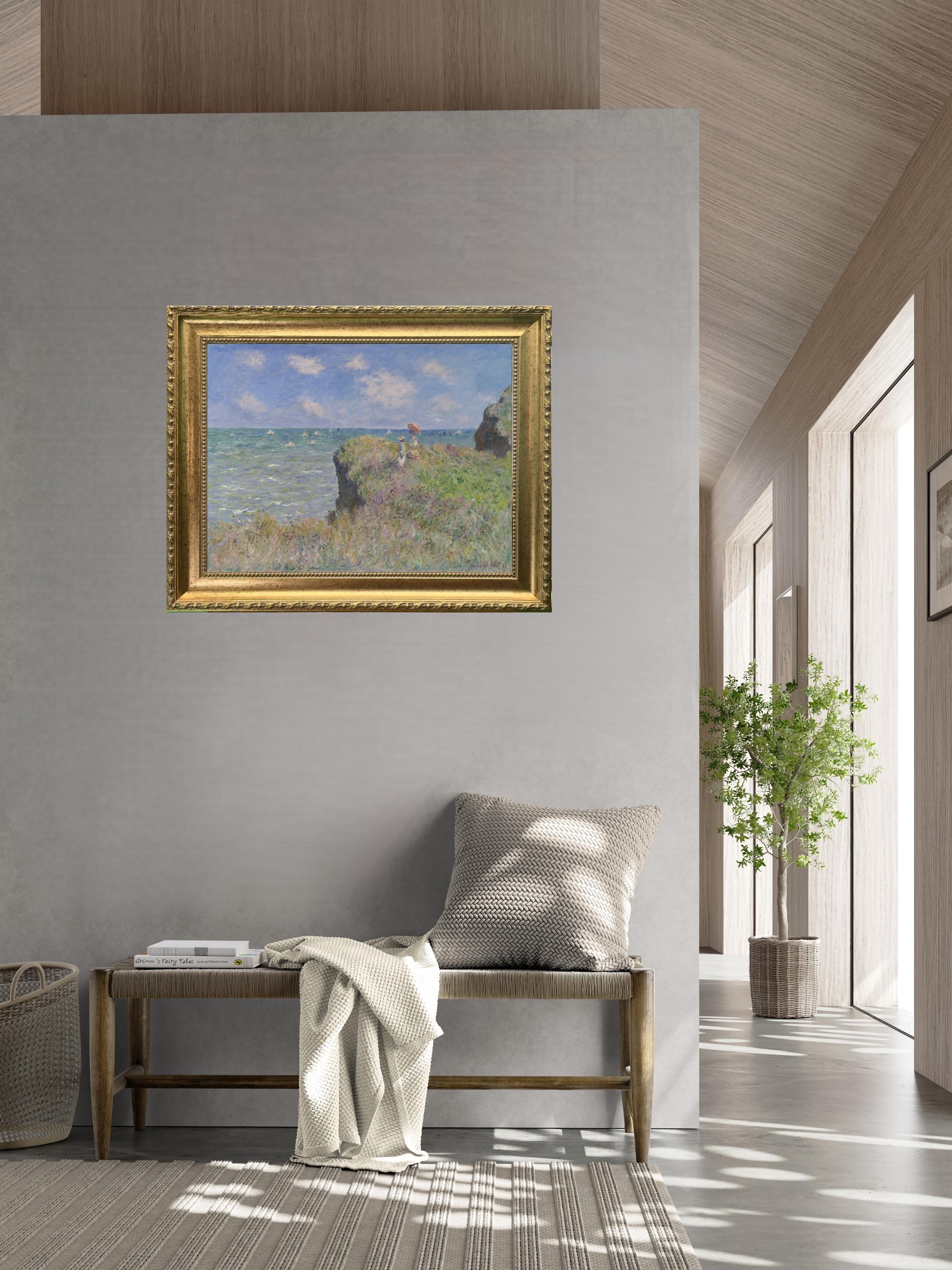 Monet Cliff Walk at Pourville, Canvas Print: Brush Strokes, Golden Vintage Frame FOSHE ART