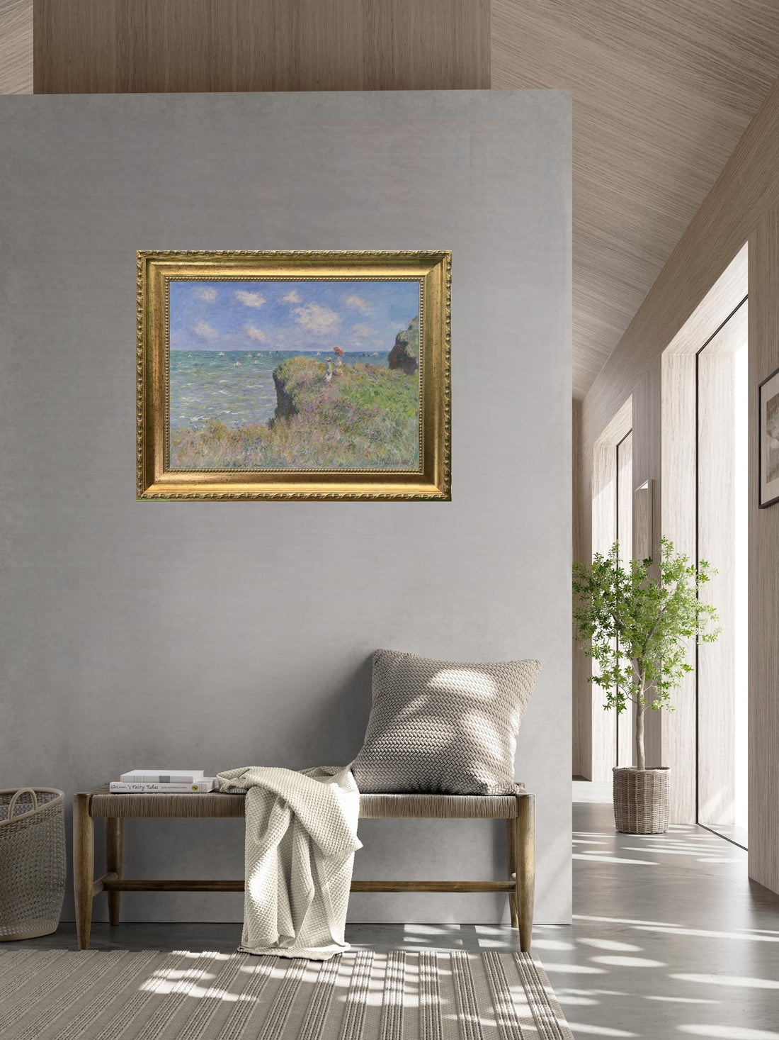 Monet Cliff Walk at Pourville, Canvas Print: Brush Strokes, Golden Vintage Frame FOSHE ART