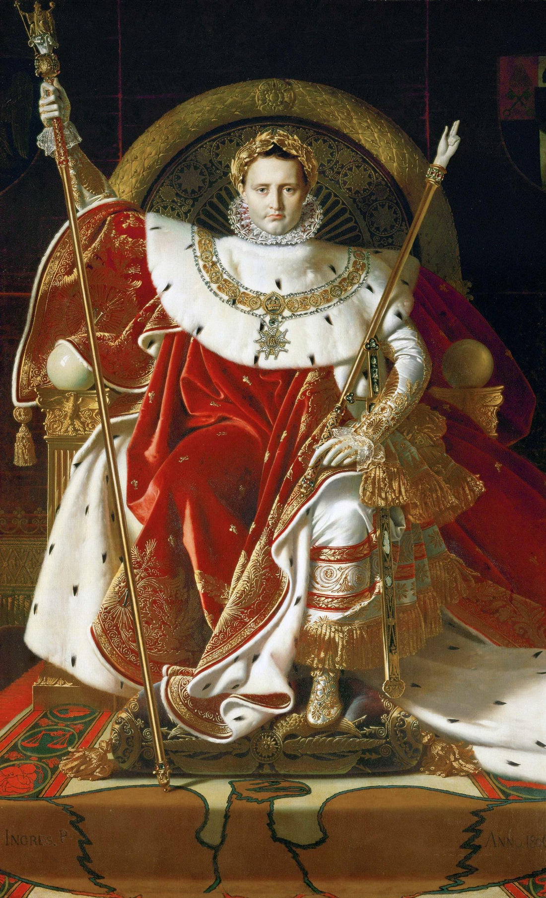Napoleon on his Imperial Throne Canvas Print: Ingres, Vintage Gold Frame, Brush Stroke Texture FOSHE ART