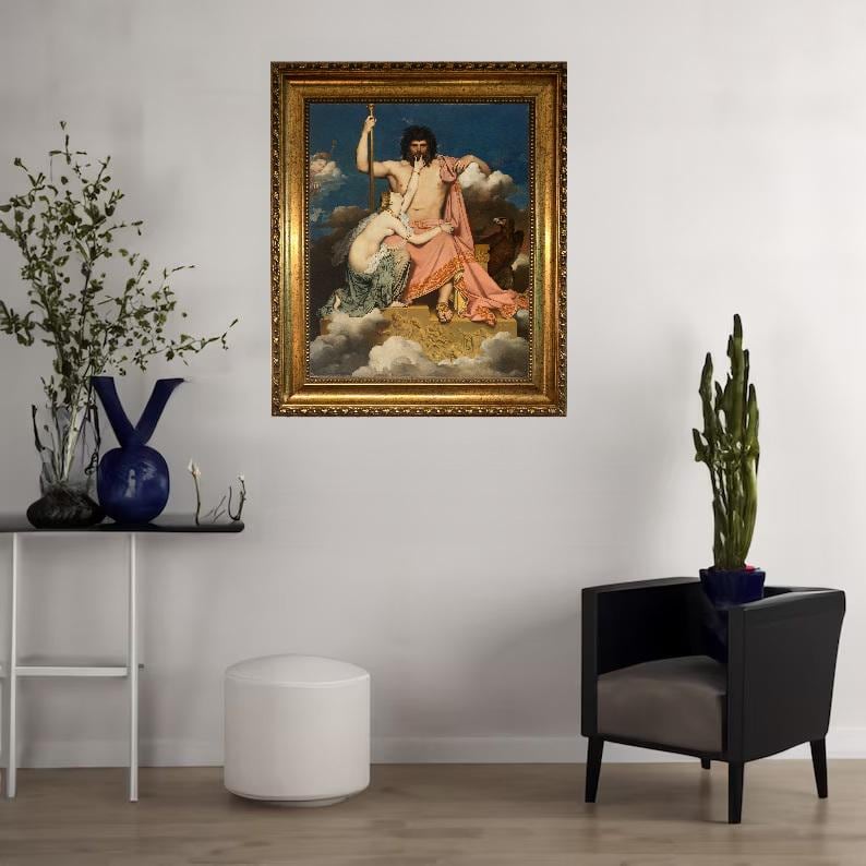 Zeus and Thetis by Ingres, Canvas Print with Brush Strokes, Vintage Golden Frame FOSHE ART