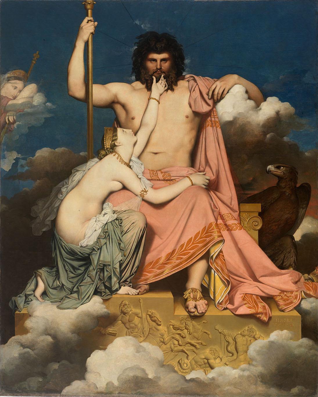 Zeus and Thetis by Ingres, Canvas Print with Brush Strokes, Vintage Golden Frame FOSHE ART
