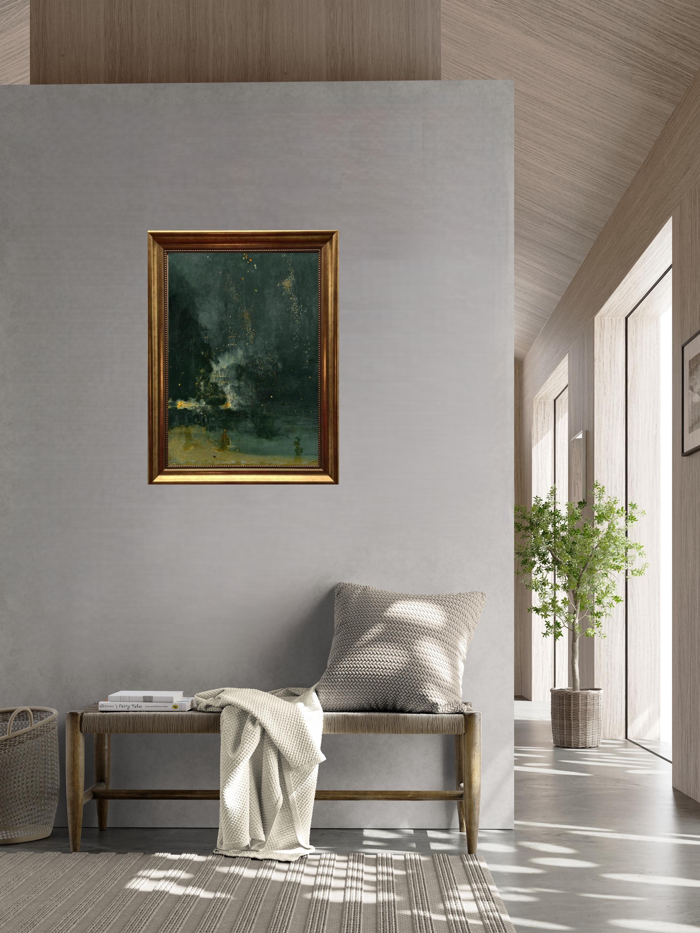 Whistler Nocturne Art Print, Falling Rocket, Gold Frame Canvas and brush strokes FOSHE ART