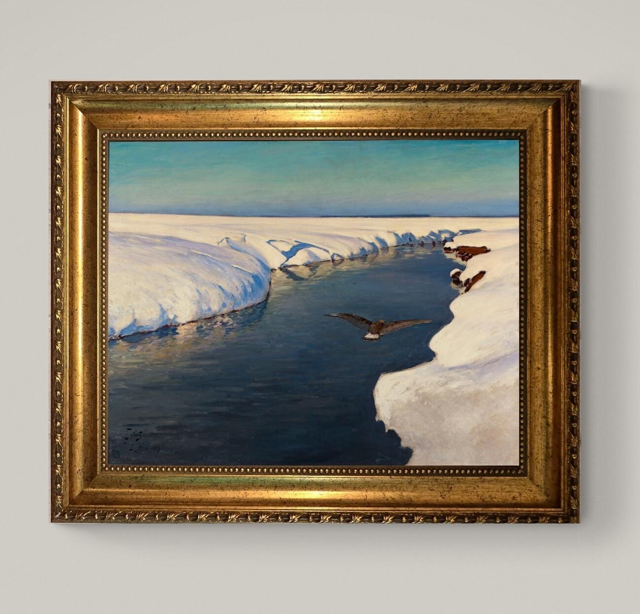 Julian Fałat the Snow art print on Canvas, Brush strokes and Vintage Gold Frame FOSHE ART