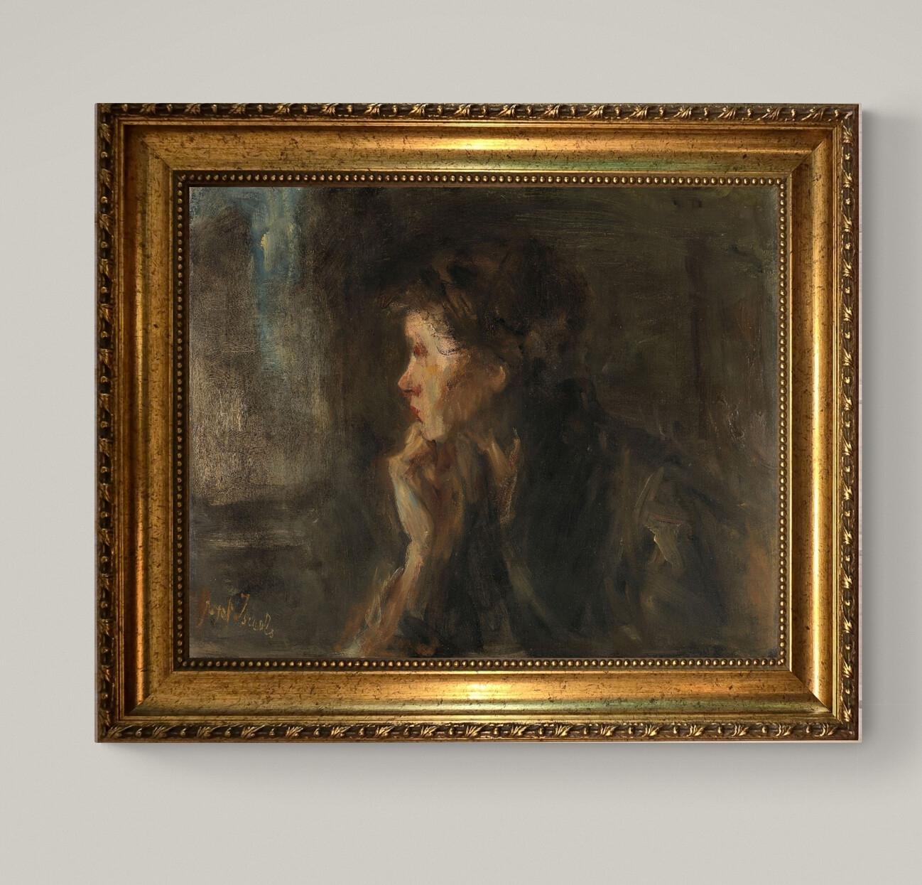 Jozef Israëls Contemplation art print on Canvas, Brush strokes and Vintage Gold Frame FOSHE ART