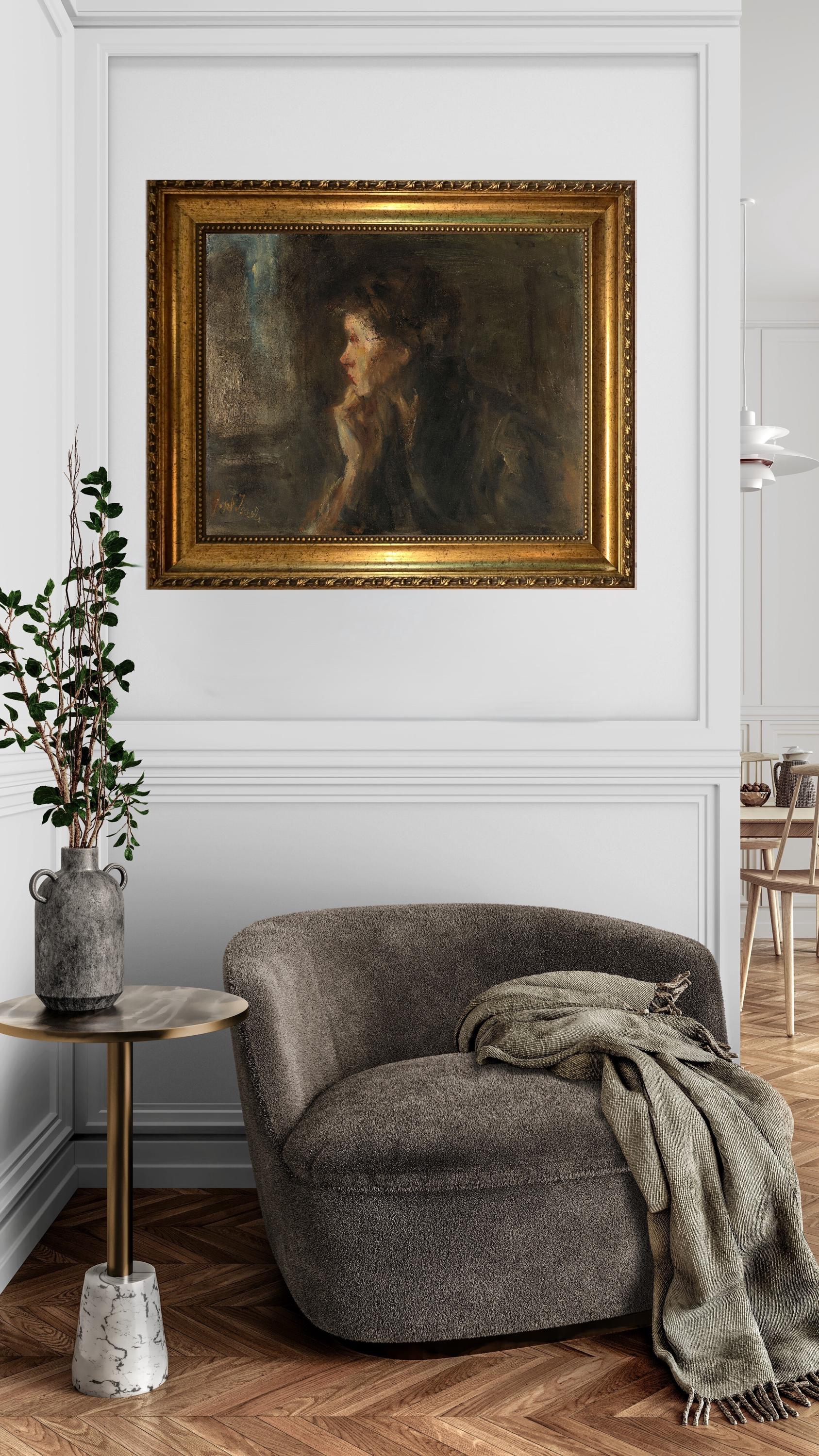 Jozef Israëls Contemplation art print on Canvas, Brush strokes and Vintage Gold Frame FOSHE ART