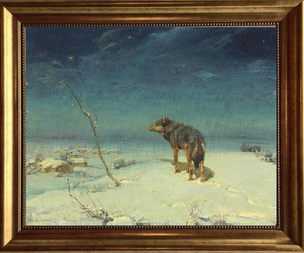 Lone wolf A.W. Kowalski art print on Canvas, Brush strokes and Vintage Gold Frame FOSHE ART