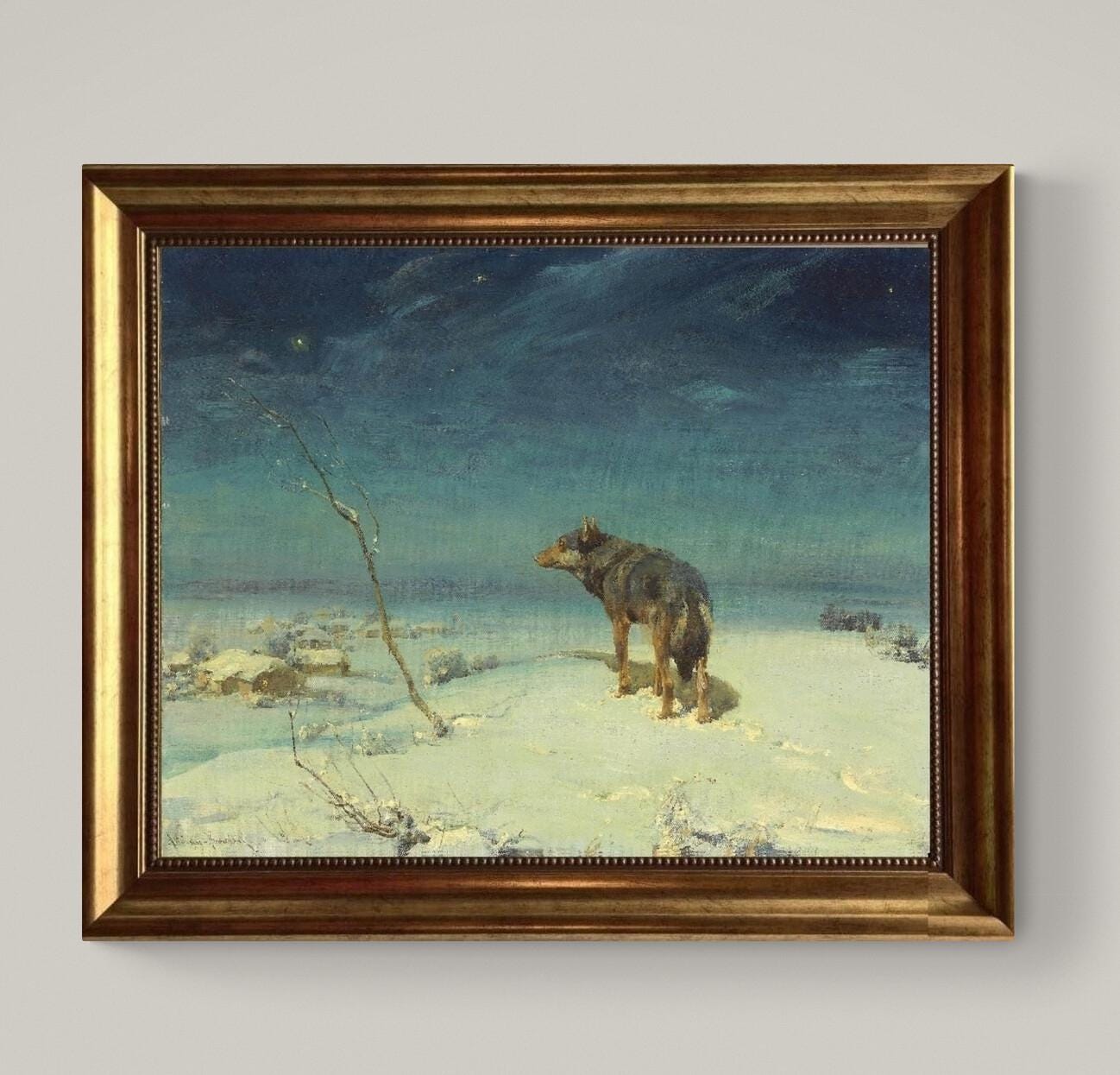 Lone wolf A.W. Kowalski art print on Canvas, Brush strokes and Vintage Gold Frame FOSHE ART