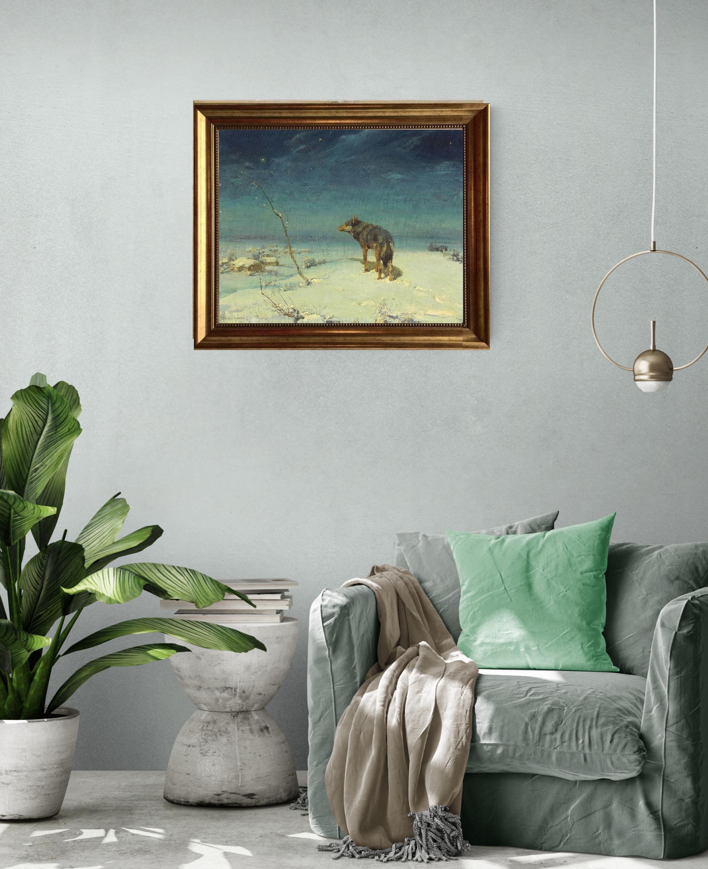 Lone wolf A.W. Kowalski art print on Canvas, Brush strokes and Vintage Gold Frame FOSHE ART
