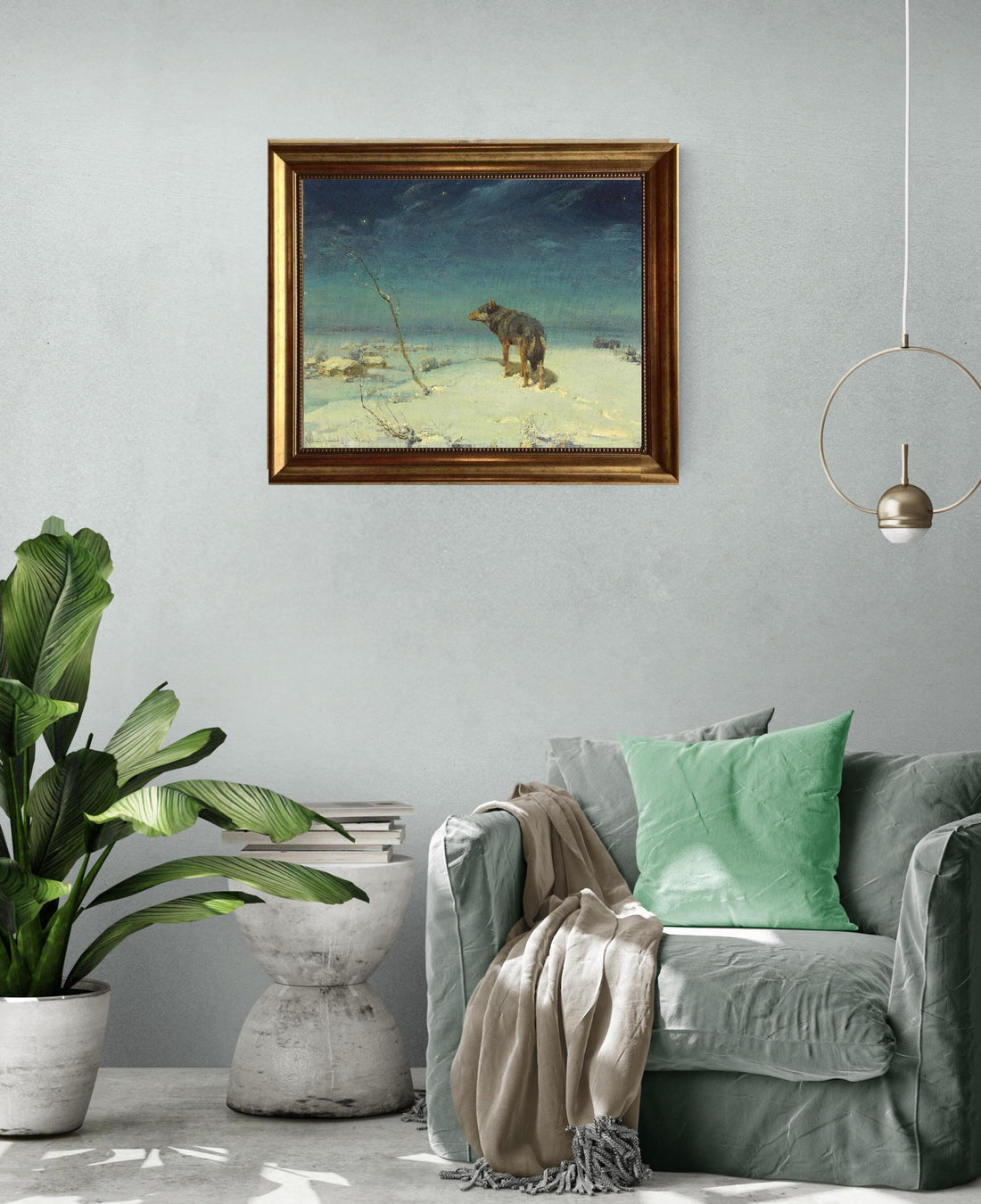 Lone wolf A.W. Kowalski art print on Canvas, Brush strokes and Vintage Gold Frame FOSHE ART