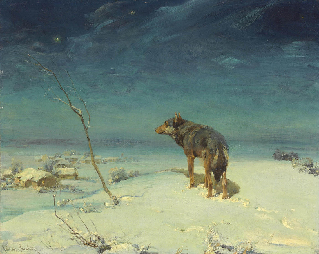 Lone wolf A.W. Kowalski art print on Canvas, Brush strokes and Vintage Gold Frame FOSHE ART