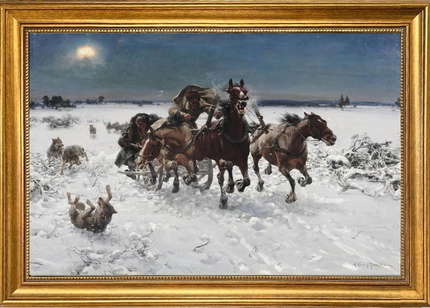 Troika pursued by wolves, A.W. Kowalski print on Canvas, Brush strokes and Vintage Gold Frame FOSHE ART