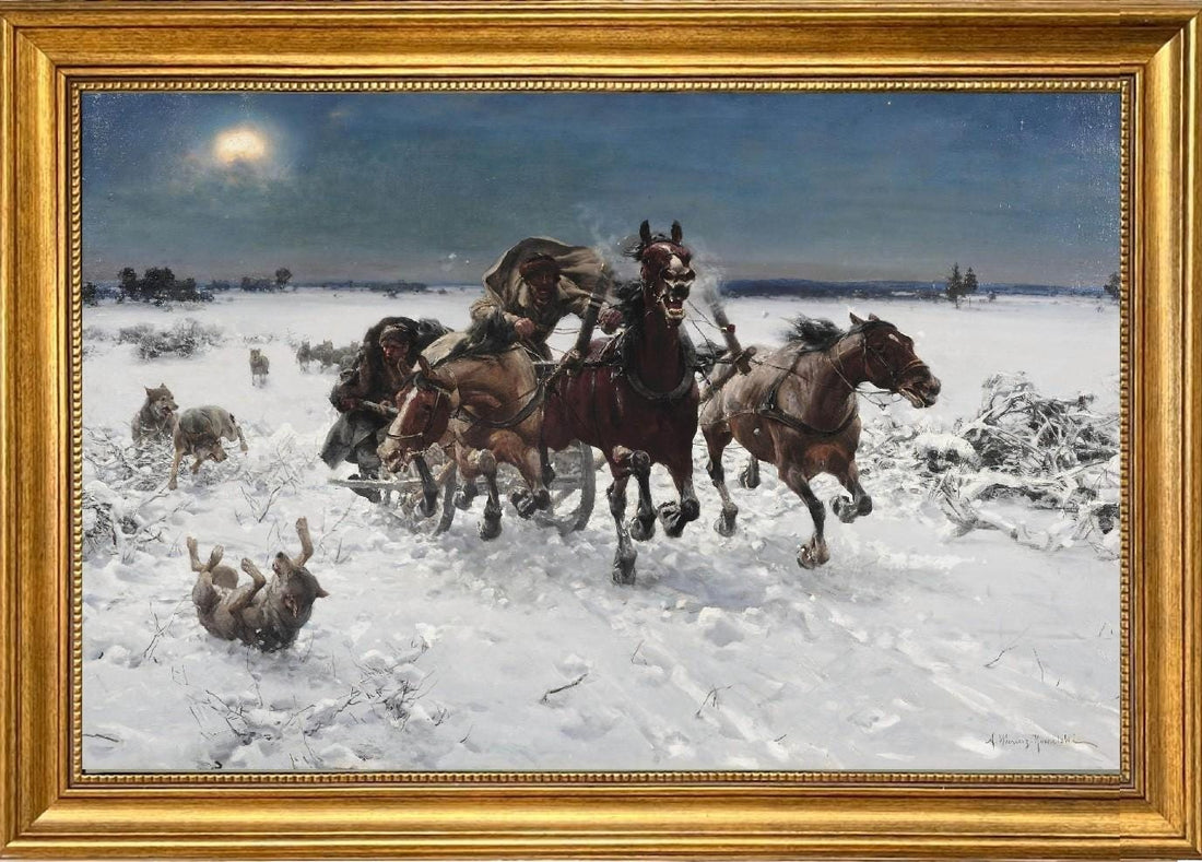 Troika pursued by wolves, A.W. Kowalski print on Canvas, Brush strokes and Vintage Gold Frame FOSHE ART