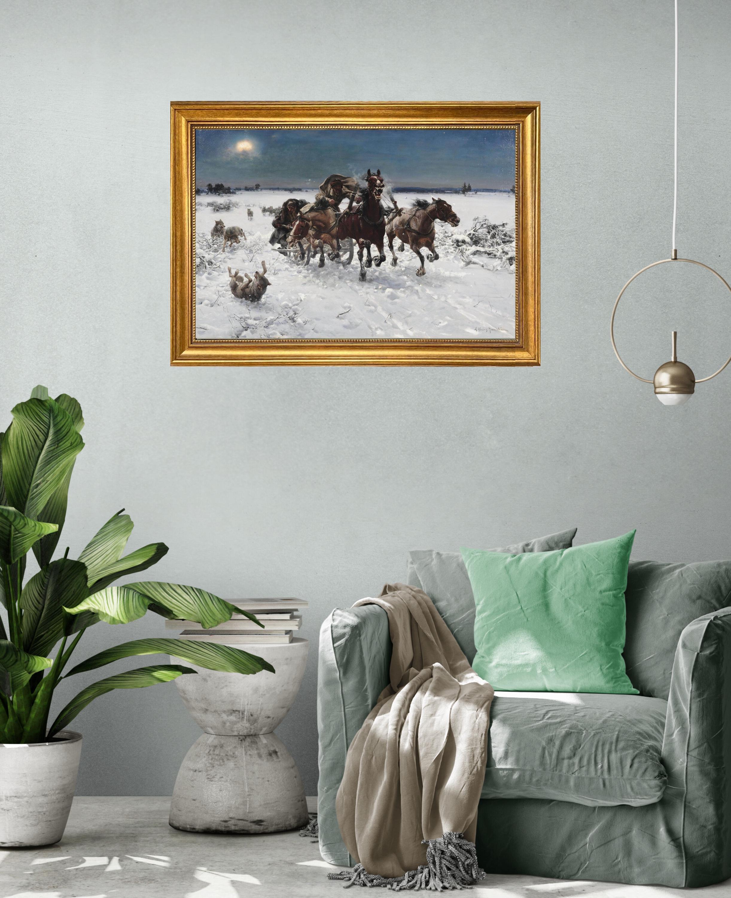 Troika pursued by wolves, A.W. Kowalski print on Canvas, Brush strokes and Vintage Gold Frame FOSHE ART
