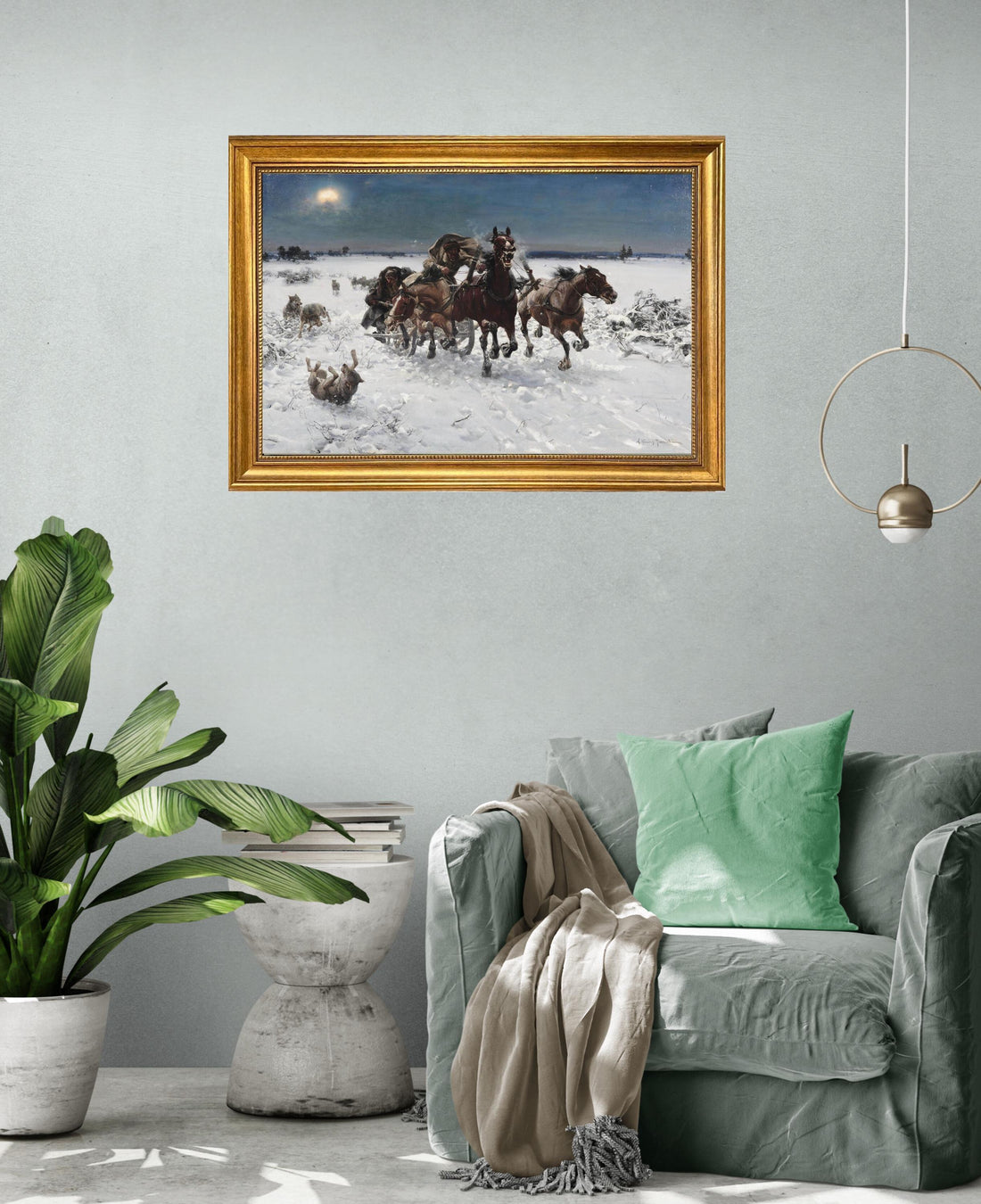 Troika pursued by wolves, A.W. Kowalski print on Canvas, Brush strokes and Vintage Gold Frame FOSHE ART