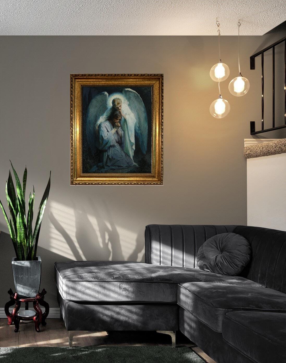 Angel and Jesus Gethsemene Art Print: Frans Schwartz, Vintage Golden Frame and Brush Strokes FOSHE ART
