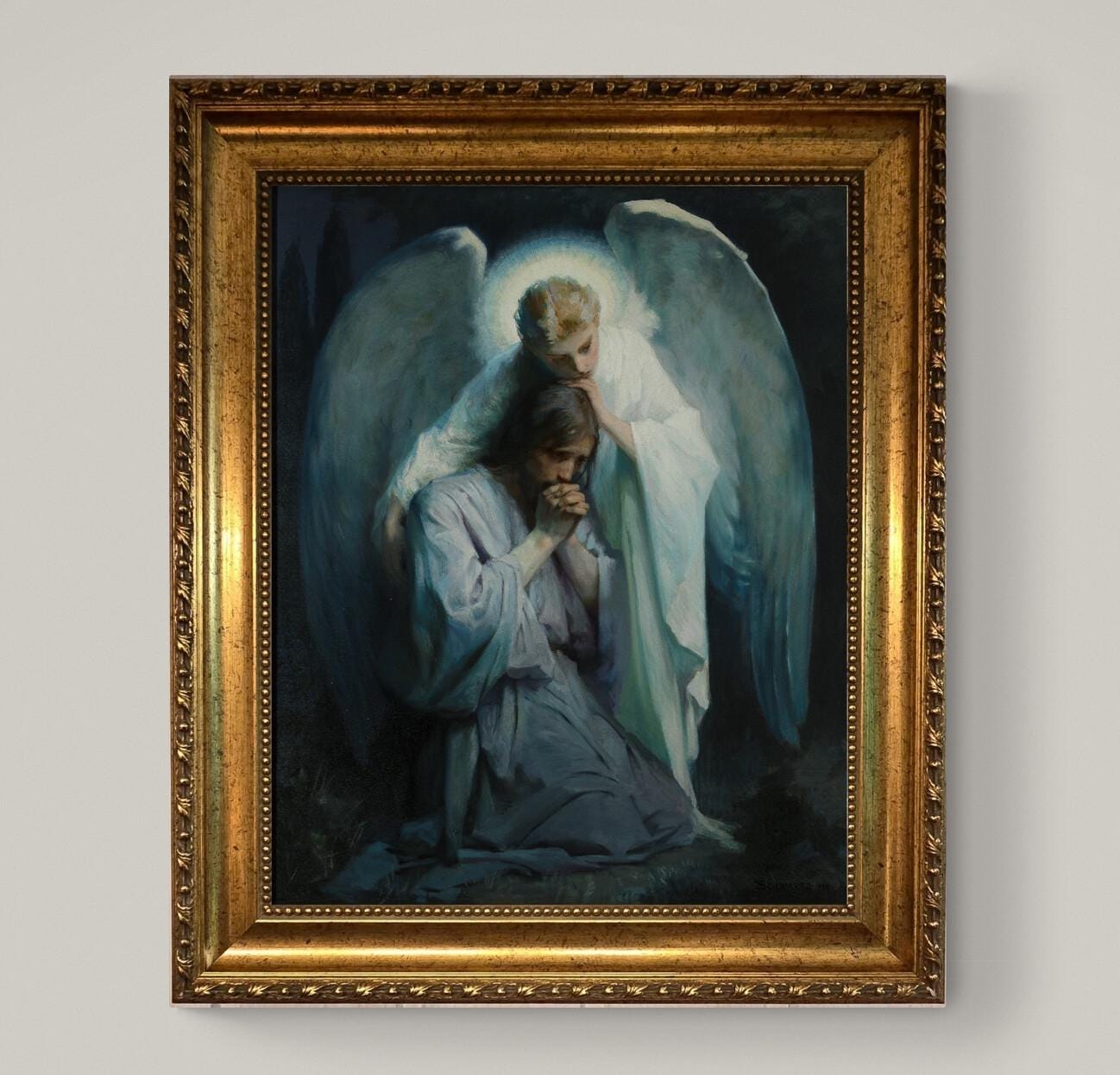 Angel and Jesus Gethsemene Art Print: Frans Schwartz, Vintage Golden Frame and Brush Strokes FOSHE ART