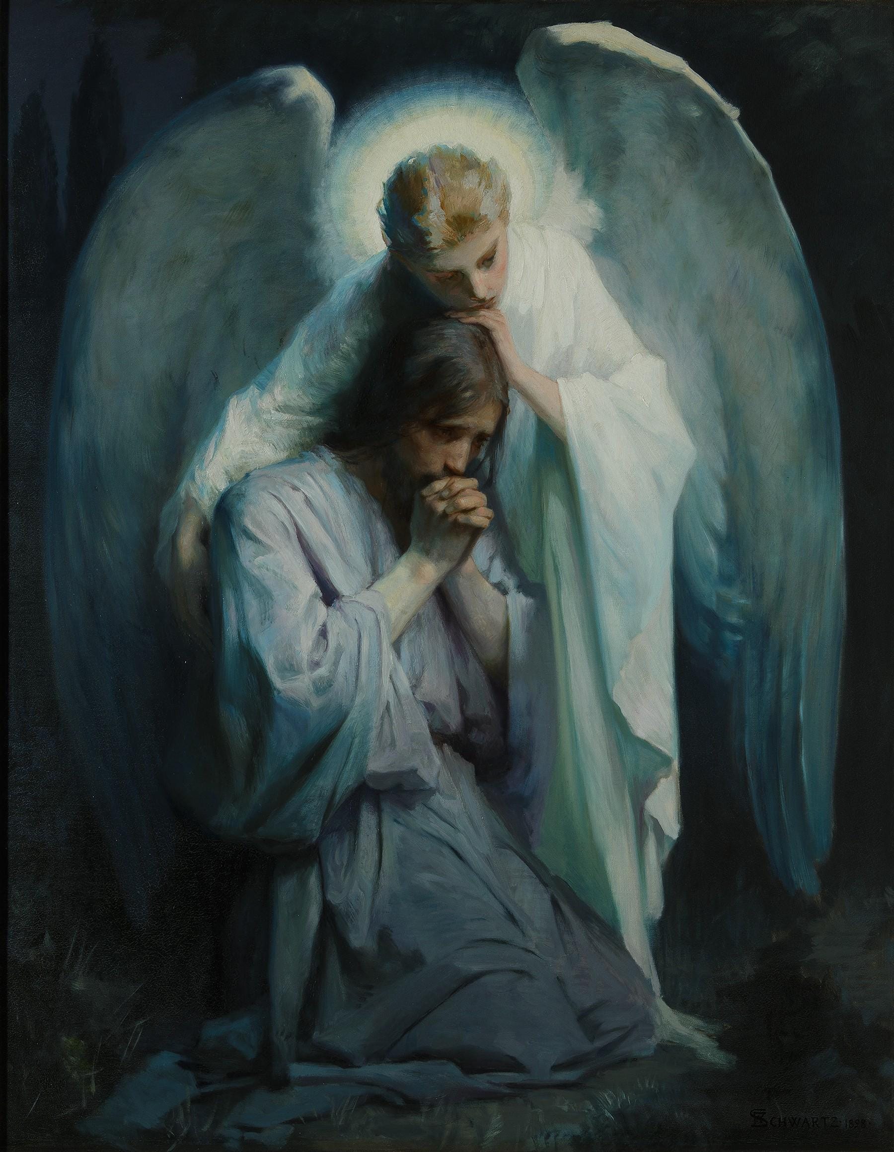 Angel and Jesus Gethsemene Art Print: Frans Schwartz, Vintage Golden Frame and Brush Strokes FOSHE ART